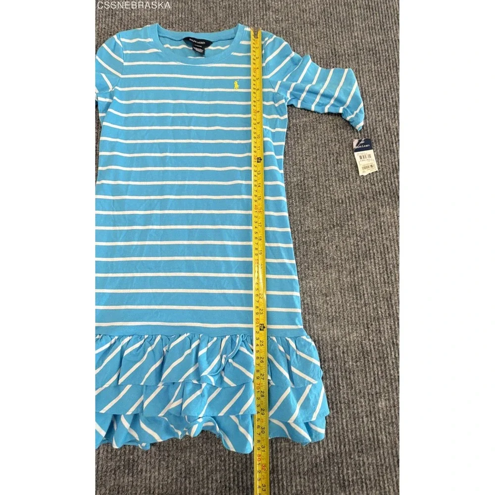 Ralph Lauren Girls Blue Striped Ruffle Hem Dress 3/4 Sleeve NWT Size L 12/14